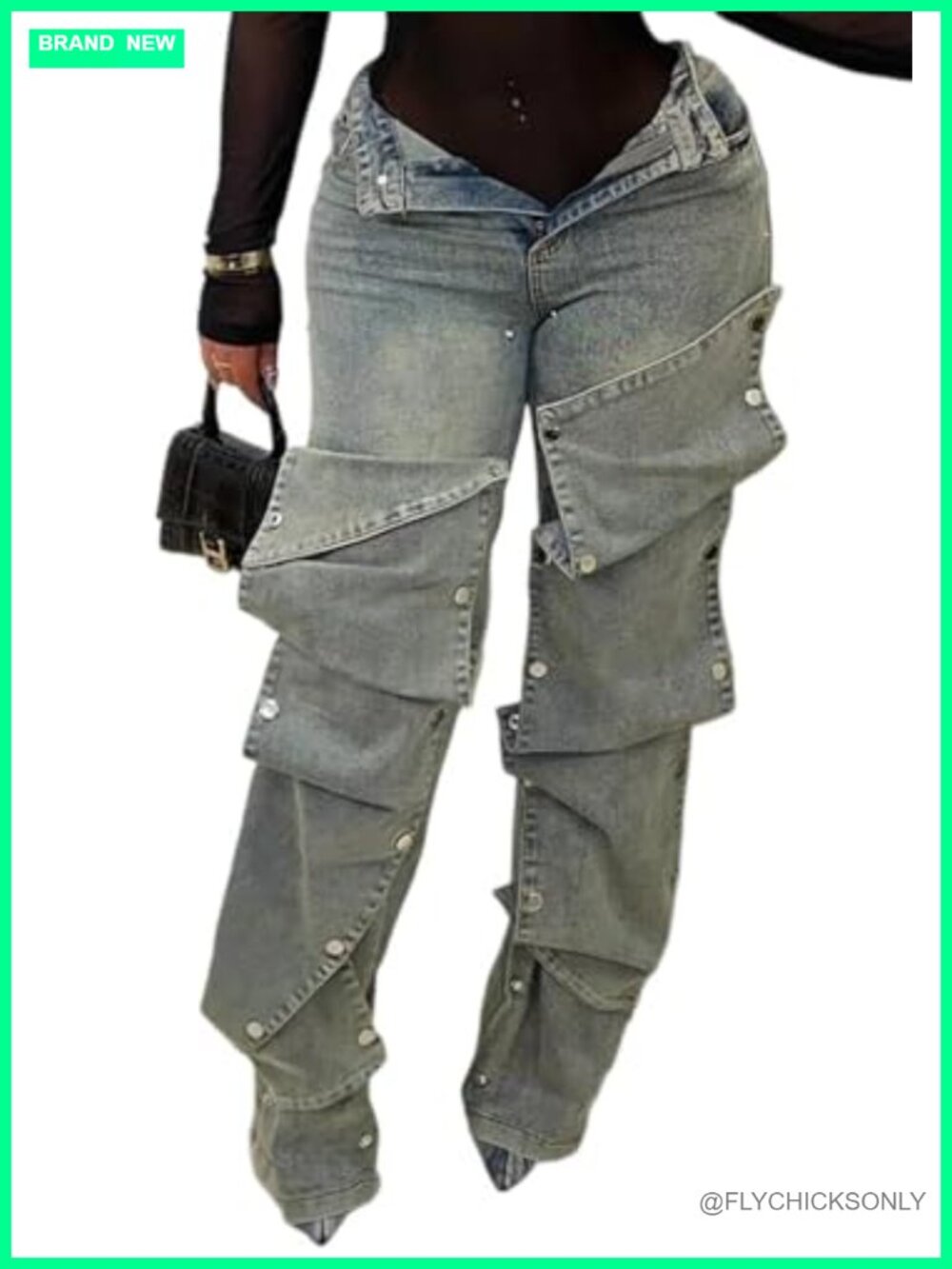Women's High Waisted Straight Leg Cargo Jeans Detachable Button Relaxed Fit